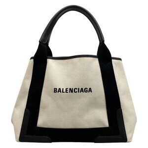 BALENCIAGA Navy Cabas S 339933 Cream Black Canvas Leather - Tote Bag